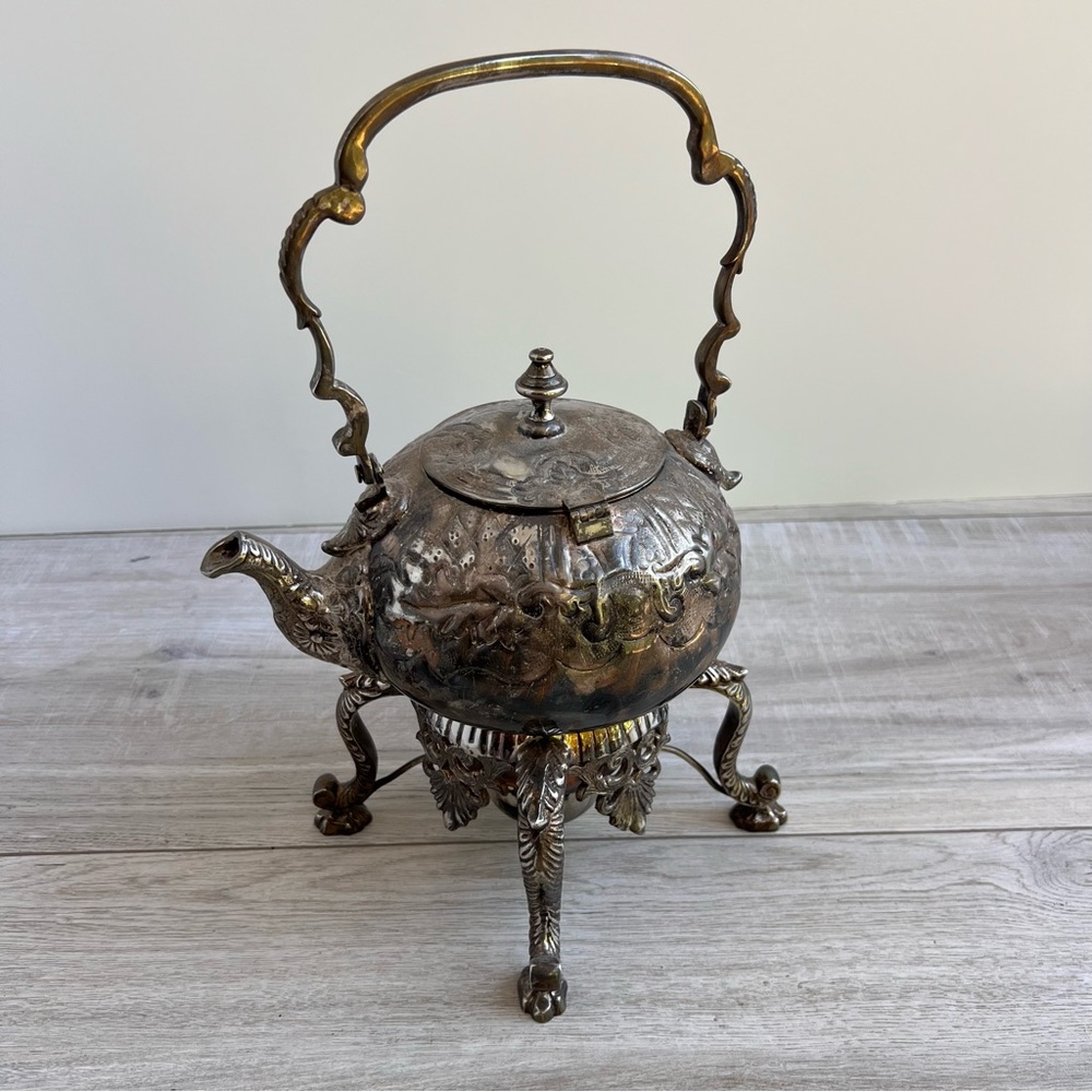 Antique International Silver Co India Silveplate Tea Kettle and Burner Set